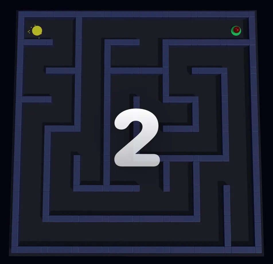 Level Ball at the start of a round: dark maze, the ball at top left, the goal at top right