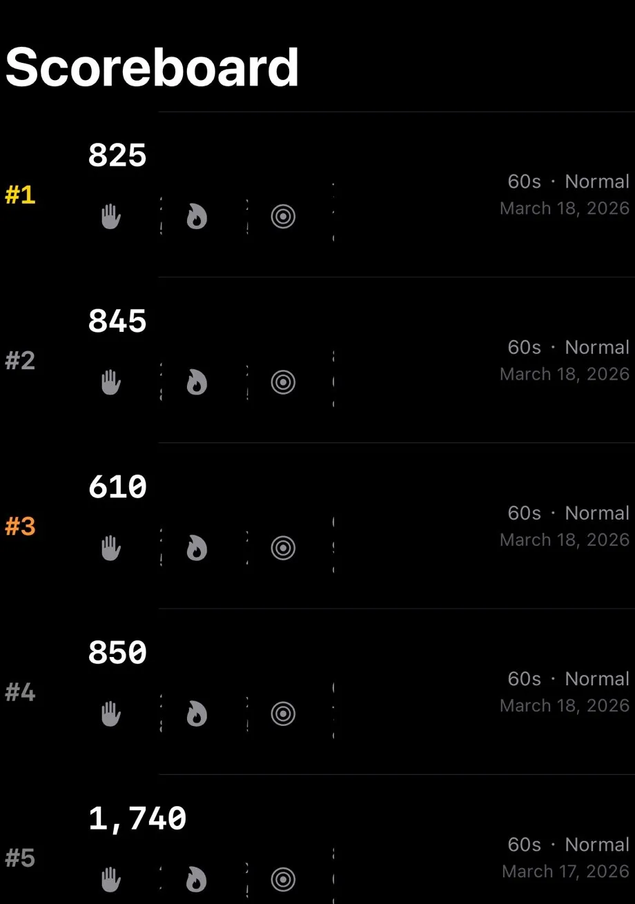Punch Fun's personal scoreboard: score, duration, difficulty and date for each round